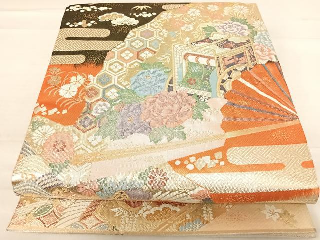 平和屋着物◎九百佐賀錦　六通柄袋帯　慶長　扇面花鳥文　金銀糸　正絹　逸品　AABE3570yx