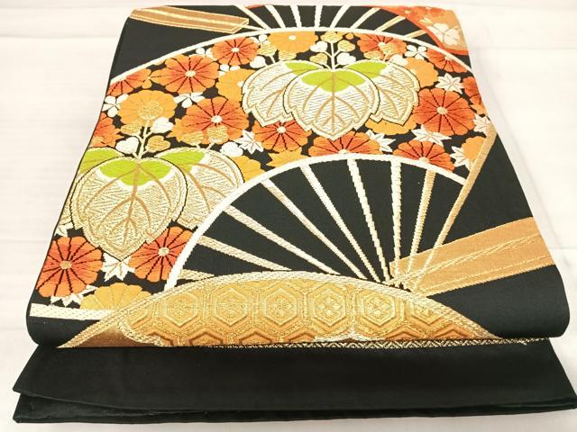 平和屋着物◎六通柄袋帯　唐織　扇面花文　黒地　金糸　正絹　逸品　AABE3607yx