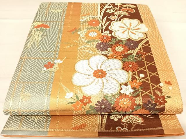 平和屋着物◎六通柄袋帯　唐織　花間道　金糸　正絹　逸品　AABE3584yx