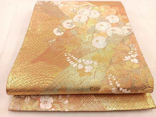 平和屋着物◎佐賀錦　六通柄袋帯　唐織　重ね山花文　金銀糸　正絹　逸品　BAAV4001yc