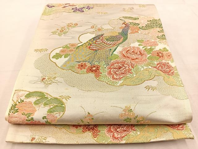 平和屋着物◎六通柄袋帯　雲取り孔雀花文　金銀糸　正絹　逸品　BAAV4054yc
