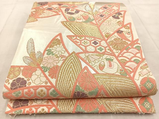 平和屋着物◎六通柄袋帯　唐織　裳羽津帯　宝尽くし草花文　金銀糸　正絹　逸品　BAAV4104yc