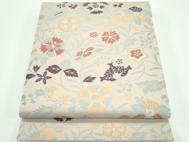 平和屋着物■極上　人間国宝　喜多川俵二・俵屋18代　有職織物　六通柄袋帯　唐織　花唐草文　丁子色地　逸品　CZAA3883s5