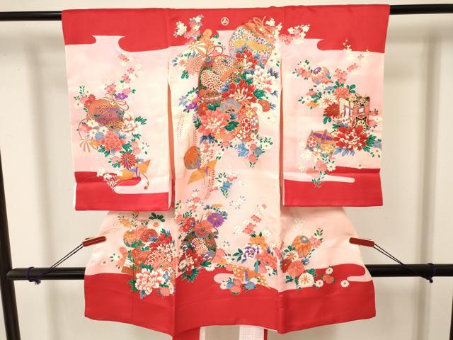 平和屋着物[]お宮参り　女の子　祝着　産着　初着　のしめ　糸車　折り鶴　鞠鼓花文　暈し染め　金彩　..