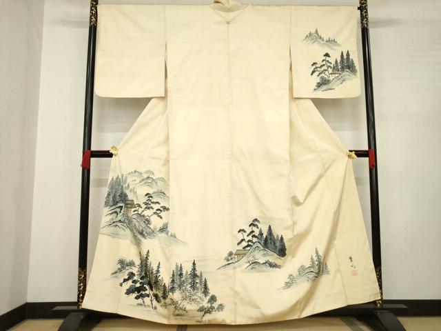 Uramono - 平和屋着物●訪問着　紬地　作家物　遠山風景樹林文　正絹　逸品　AABC6108ck