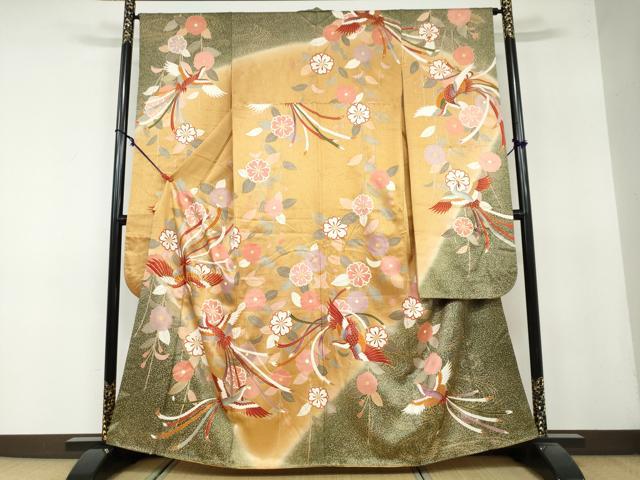 平和屋着物●豪華振袖　駒刺繍　鳳凰草花文　暈し染め　金彩　正絹　逸品　DAAY5349ud