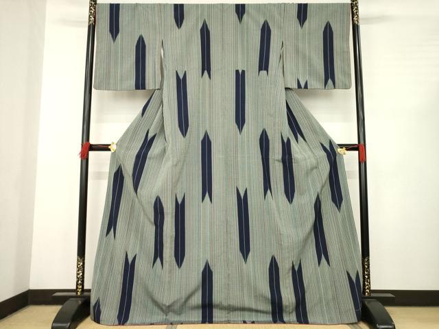 平和屋着物●お召　矢羽根文　ロング丈　正絹　逸品　AABC6141ck