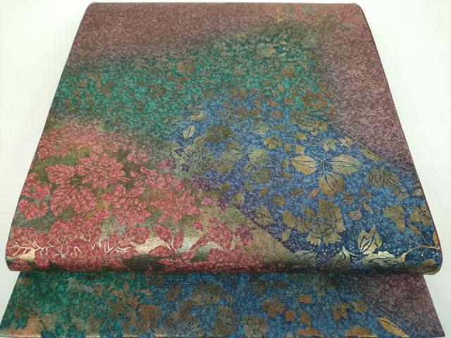 平和屋着物●全通柄袋帯　本場大島紬　麗姿　草花文　金彩　正絹　逸品　DABD1344ps