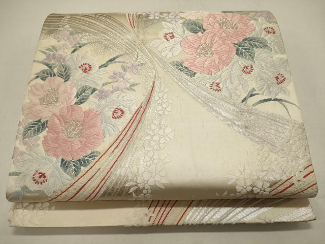 平和屋着物◎六通柄袋帯　唐織　草花文　銀糸　正絹　逸品　CAAY3240oy