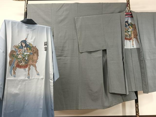 平和屋着物●男性　本塩沢　アンサンブル　長襦袢セット　110亀甲　総詰め　正絹　逸品　未使用　CABB5116vp