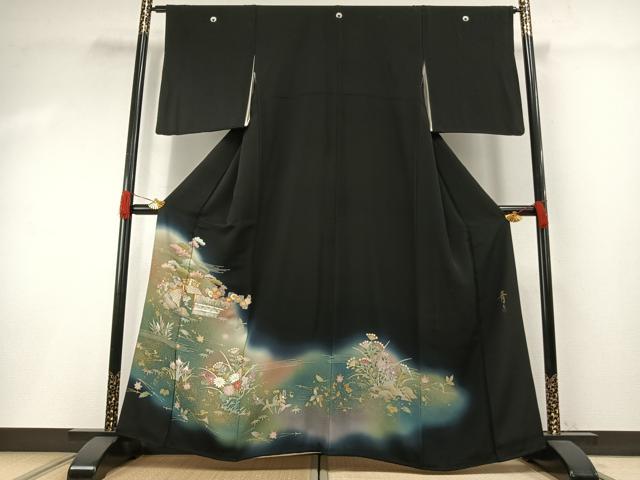 Uramono - 平和屋着物●京友禅の第一人者　松井青々　黒留袖　駒刺繍　風景花文　暈し染め　金彩　正絹　逸品　AABG4705fy