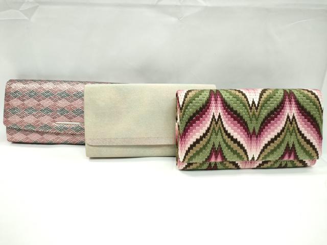 平和屋着物▼和装小物　和装バッグまとめて3点　ハンドバッグ　クラッチ　刺繍　菱　金銀糸　未使用あり..
