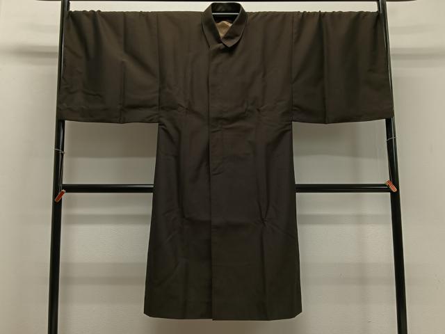 平和屋着物∞男性　和装コート　角袖　紬地　赤墨色　ロング丈　正絹　逸品　CABD4486ua