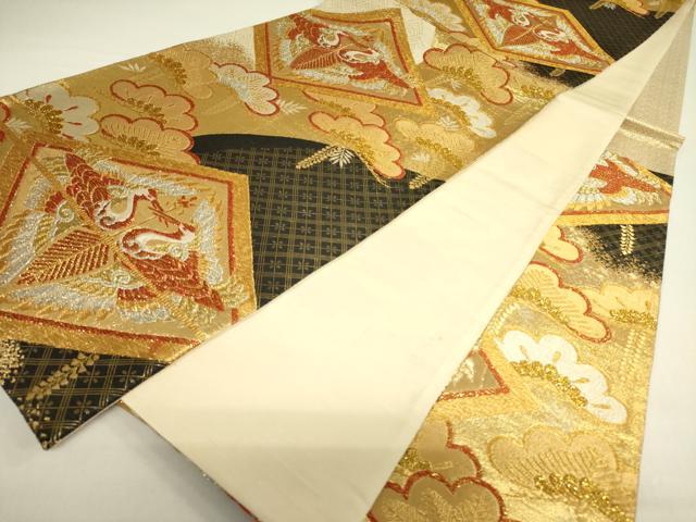 平和屋着物◎六通柄袋帯　唐織　向かい鶴松菱文　金銀糸　正絹　逸品　DAAX1837op