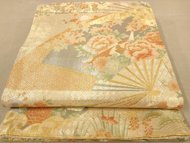 平和屋着物◎佐賀錦 六通柄袋帯 扇面孔雀花文 金糸 正絹 逸品 AABB4016dt