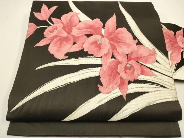 平和屋着物◎九寸名古屋帯　カトレア　黒地　銀糸　正絹　逸品　CAAW9341qe