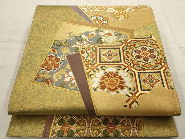 平和屋着物▼六通柄袋帯　唐織　色紙花鳥文　金糸　正絹　逸品　AABD2806wj