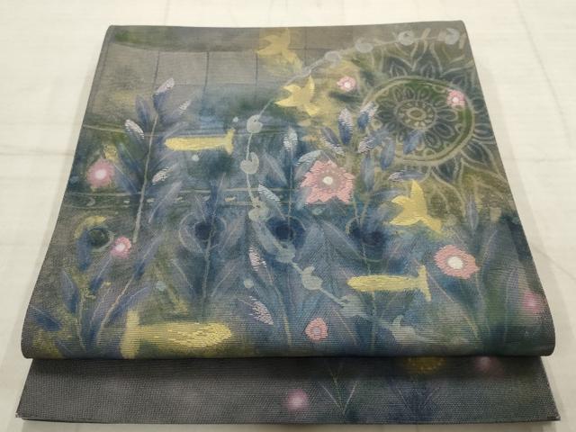 平和屋着物▼太鼓柄袋帯　花鳥文　正絹　逸品　AABD2814wj