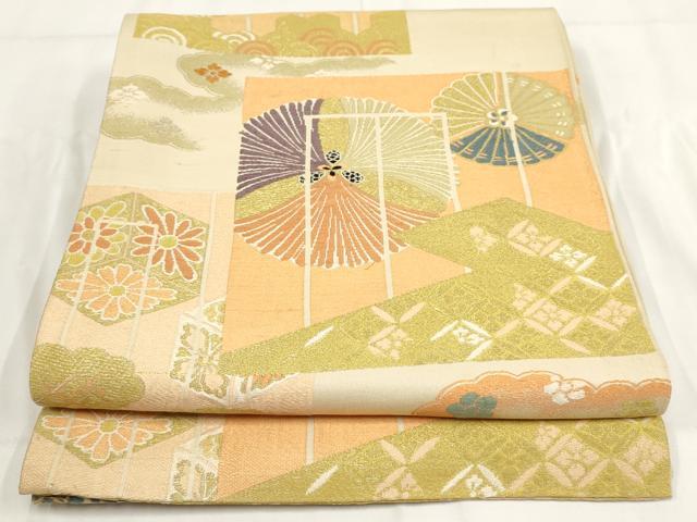 平和屋着物◎アンティーク　大正ロマン　丸帯　色紙七宝花文　金糸　正絹　逸品　AABG6136wj