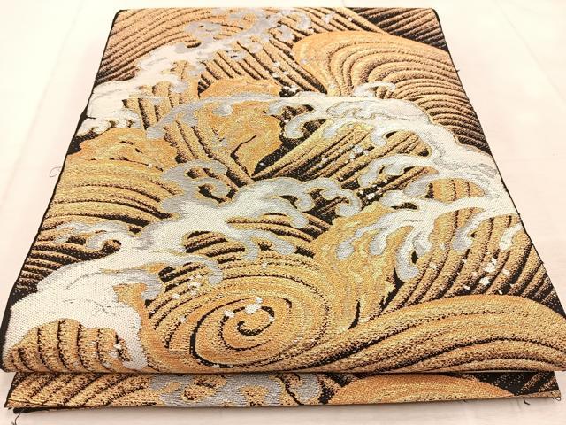 平和屋着物◎六通柄　本袋帯　立波文　黒地　金銀糸　正絹　逸品　BAAU9698yc