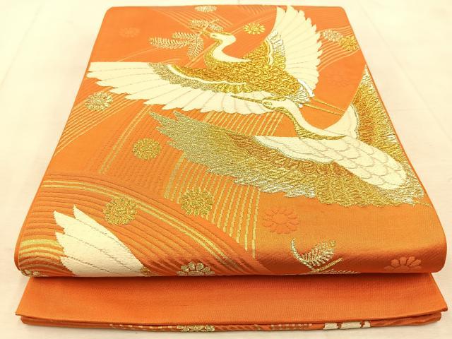 平和屋着物◎西陣　六通柄袋帯　唐織　立波飛鶴花文　金糸　正絹　逸品　BAAU9732yc