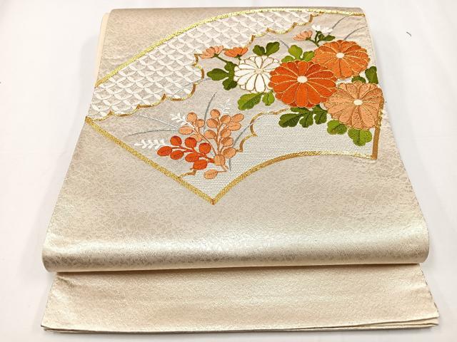 平和屋着物◎太鼓柄袋帯 総刺繍 駒刺繍 地紙花文 銀糸 正絹 逸品 CAAX9817xe
