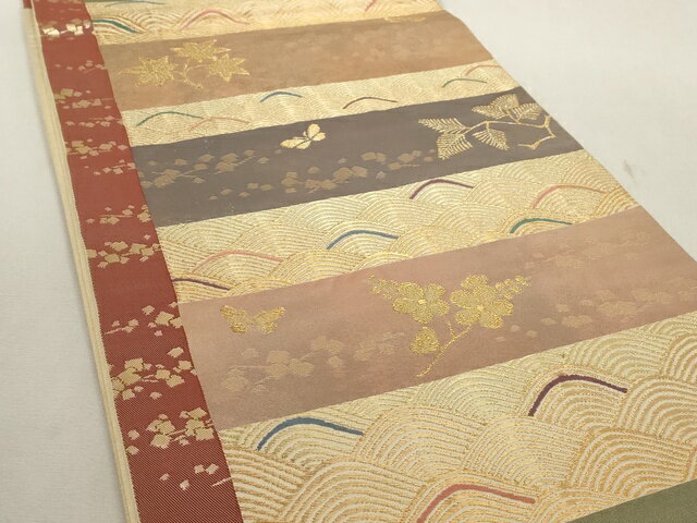 平和屋着物◎六通柄袋帯　横段吉祥花蝶文　金糸　正絹　逸品　AAAL1609Amf