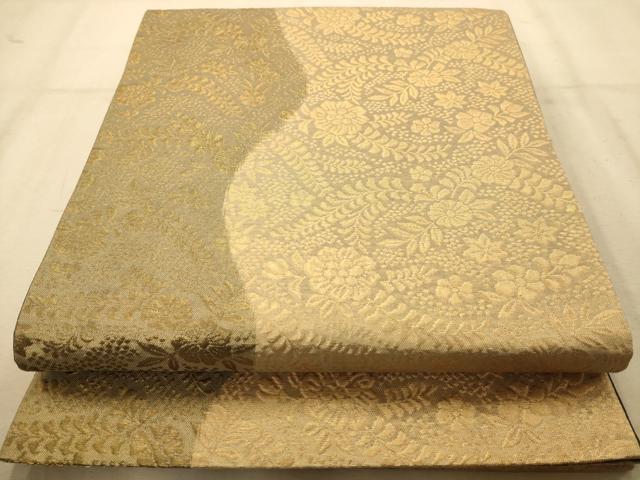 平和屋着物◎全通柄袋帯　草花文　金糸　正絹　逸品　AABA7217dt