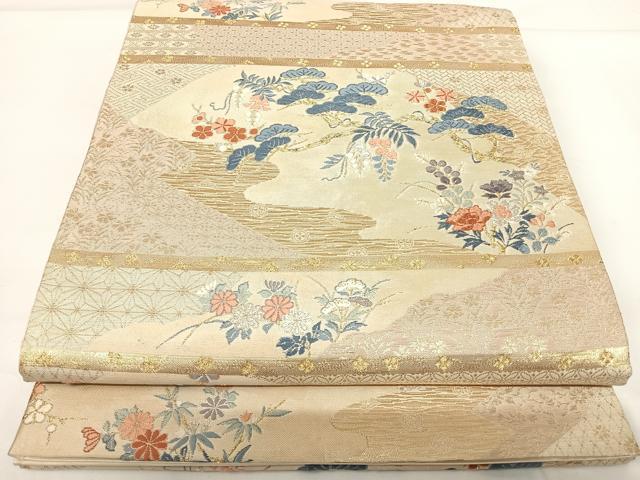 平和屋着物◎六通柄袋帯　九百別織　加賀刺繍調文　金銀糸　正絹　逸品　AABG2138yx