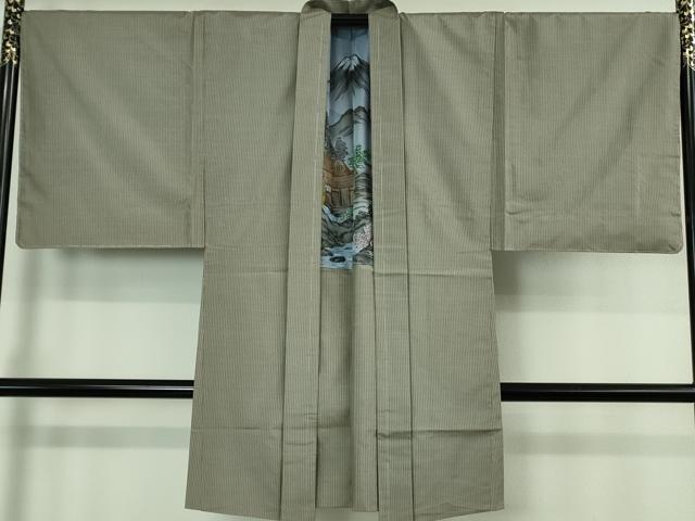 平和屋着物∞極上　男性　長羽織　本場縞大島紬　キングサイズ　江戸鼠色　羽裏・水車小屋　逸品　未使用　DZAB4341kh6