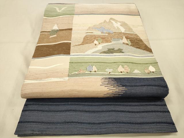 平和屋着物◎太鼓柄袋帯　紬地　抽象飛鳥風景文　正絹　逸品　DAAX6432jm