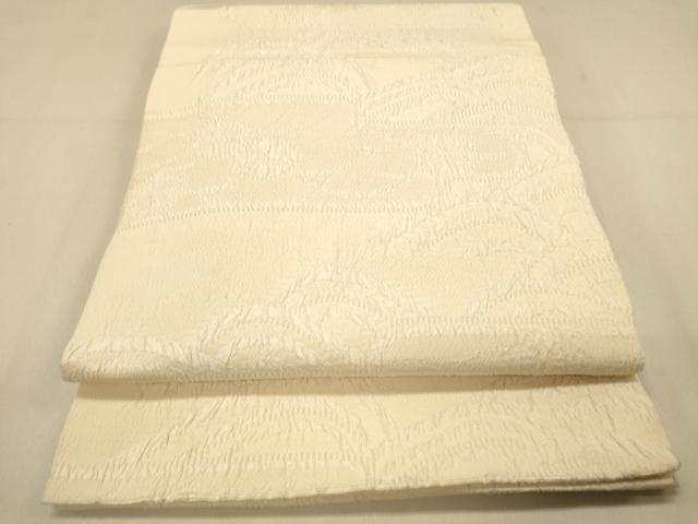 平和屋着物◎九寸開き名古屋帯　ふくれ織　エ霞花文　薄卵色　正絹　逸品　DAAX6445jm