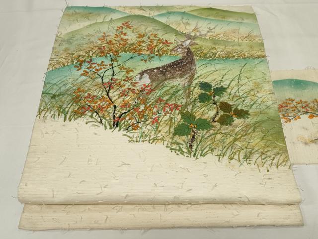 平和屋着物●九寸名古屋帯 作家物 手描き 髭紬 動物草花文 正絹 逸品 未使用 CAAZ6401dy