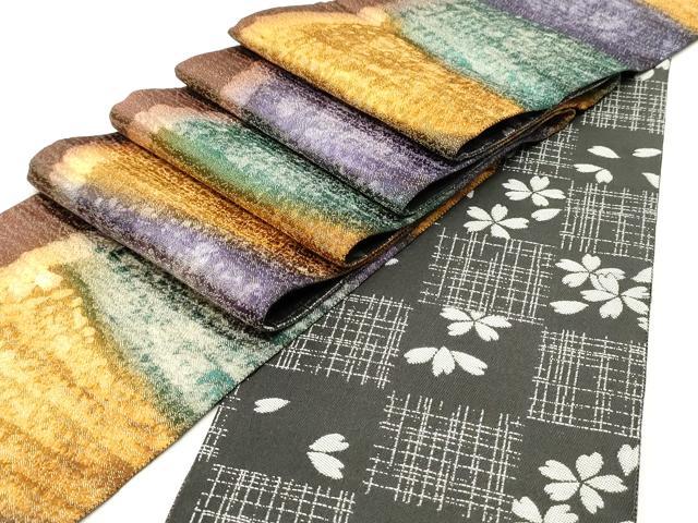 平和屋着物●両面　半幅帯　霞間道　金通し地　正絹　逸品　未使用　DAAY0198ob