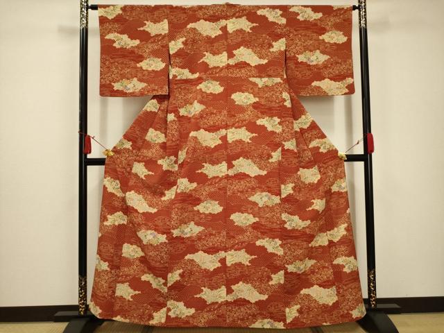 平和屋着物▽小紋　単衣　雲取花文　洗える着物　AABC5271sx