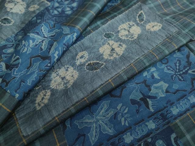 平和屋着物●上質な小紋 紬 本藍 横段花鳥文 正絹 逸品 DAAY5461ud