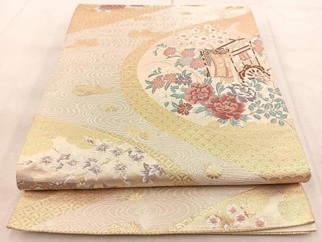 平和屋着物◎六通柄袋帯　唐織　御所車花鳥文　金糸　正絹　逸品　BAAU9197yc(4)