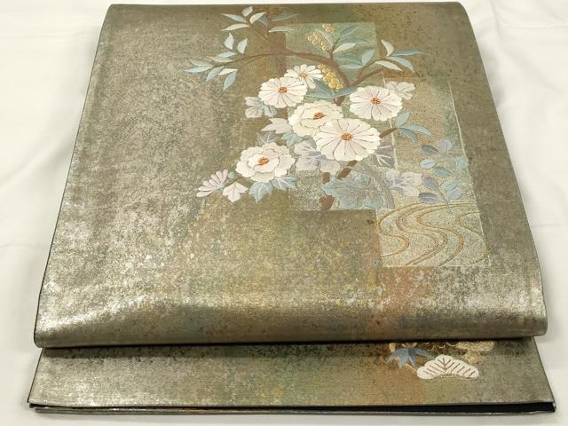 平和屋着物▼太鼓柄袋帯 流水枝花文 金糸 正絹 逸品 CAAX8565dy