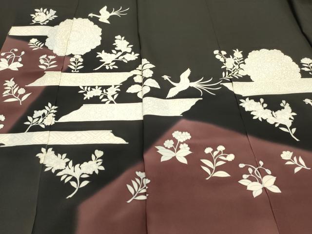 平和屋着物▼黒留袖　反物　着尺　裁断済　色付前　花鳥横段文　暈し染め　逸品　未使用　DABD4629zy