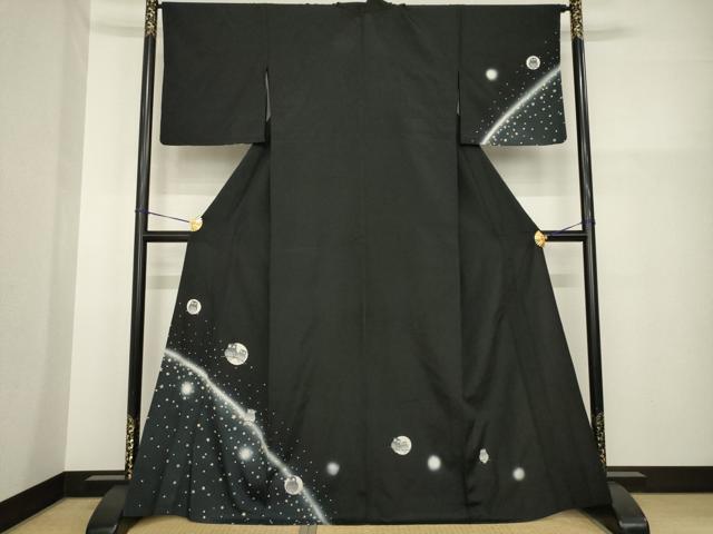 Kimono - 平和屋着物▽訪問着　単衣　夜空とフクロウ　暈し染め　黒地　正絹　逸品　AABG8637ck