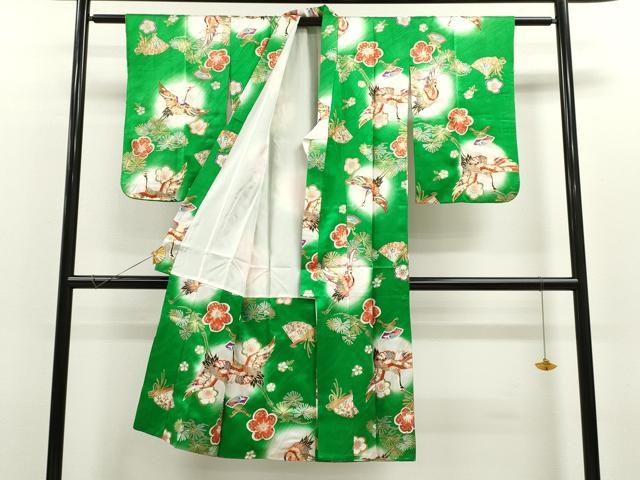 平和屋着物[]七五三　女の子　7歳　祝着　四つ身　飛鶴檜扇松梅文　暈し染め　金彩　逸品　CAAV9395ze 2