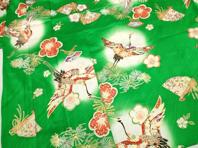 平和屋着物[]七五三　女の子　7歳　祝着　四つ身　飛鶴檜扇松梅文　暈し染め　金彩　逸品　CAAV9395ze 3