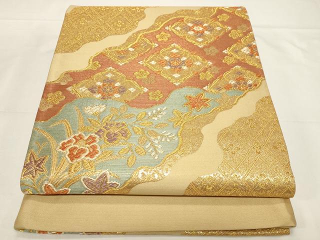 平和屋着物▼西陣　六通柄袋帯　菱花文　金糸　証紙付き　正絹　逸品　CAAZ0265dy