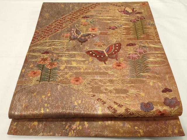 平和屋着物▼中国三大刺繍　スワトウ刺繍　太鼓柄袋帯　駒刺繍　流水花蝶文　金糸　引箔　正絹　逸品　CAAZ0292dy