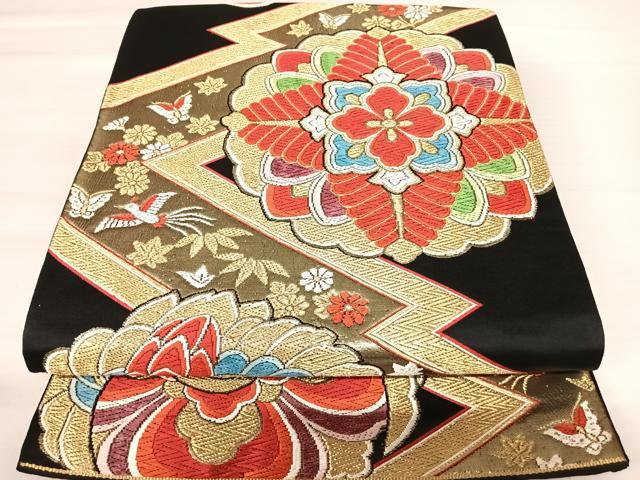 平和屋着物◎六通柄袋帯　唐織　花鳥文　黒地　金糸　正絹　逸品　AABB6115yx