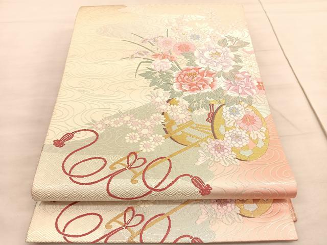 平和屋着物◎六通柄袋帯　唐織　流水花車文　金銀糸　正絹　逸品　BAAV5259hv