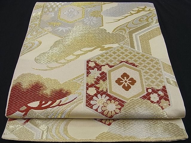 平和屋着物■六通柄袋帯　唐織　笠松花菱亀甲文　金銀糸　n-sa1682