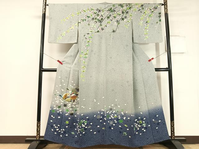 平和屋着物●人間国宝　羽田登喜男　TOKIOetTOKI　訪問着　鴛鴦枝垂れ花文　たたき染め　金銀彩　正絹　逸品　CABC2669vp