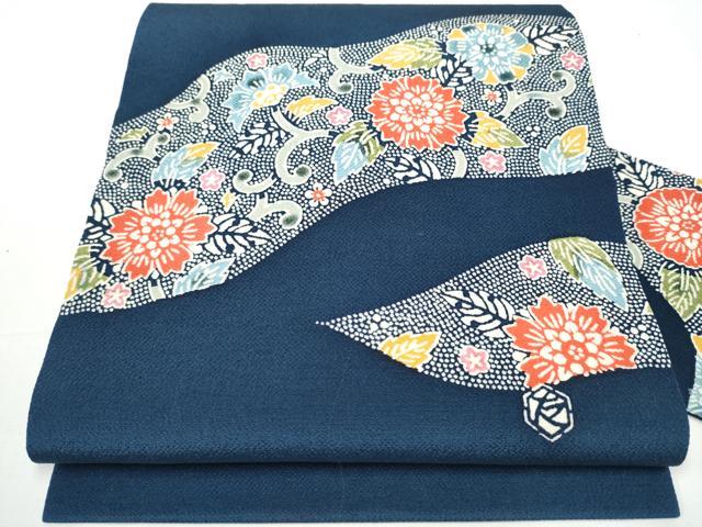 平和屋着物●九寸名古屋帯　型染め　作家物　草木手染　更紗花唐草文　鬼しぼ縮緬　正絹　逸品　CAAY963..