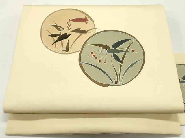 平和屋着物●塩瀬　九寸名古屋帯　手描き　刺繍　花丸文　蜂蜜色　金彩　正絹　逸品　DAAW6840ob